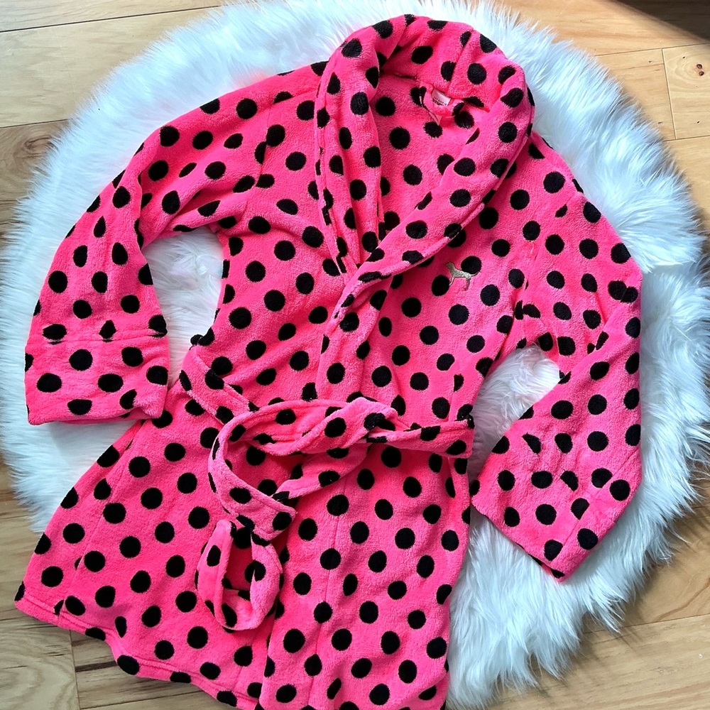 PINK Victoria's Secret Hot Pink and Black Polka Dot Plush Robe